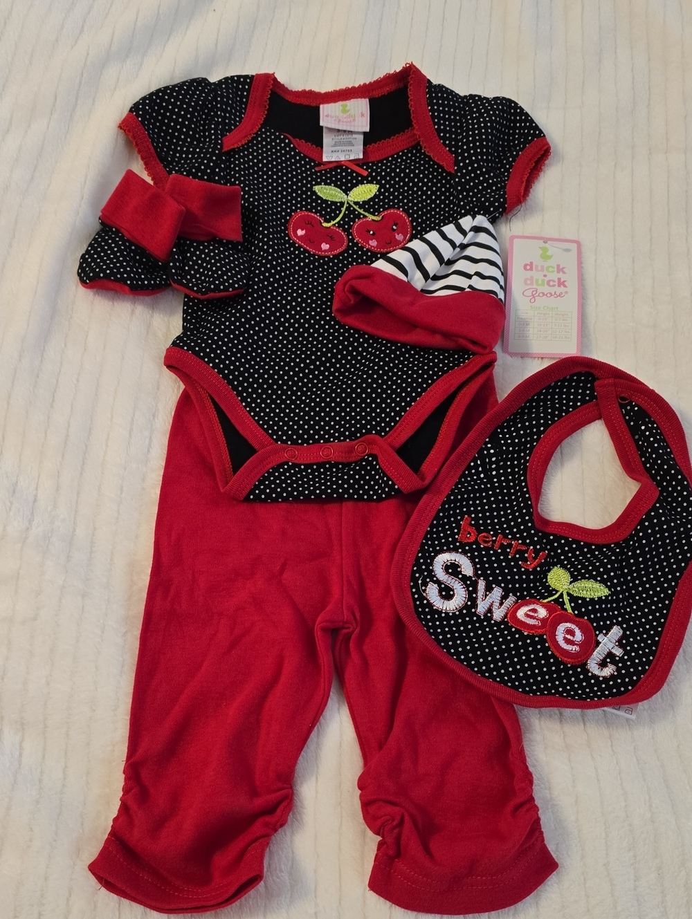 5 PC Sweet Cherry Polka-Dot Tão-Piece with Bib & Hat - Black & Red